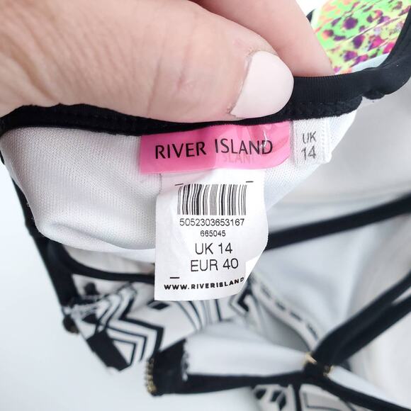 River Island Geometric Colorblock Mesh Bikini Top Zip Back Adjustable Straps 12 - Picture 7 of 8
